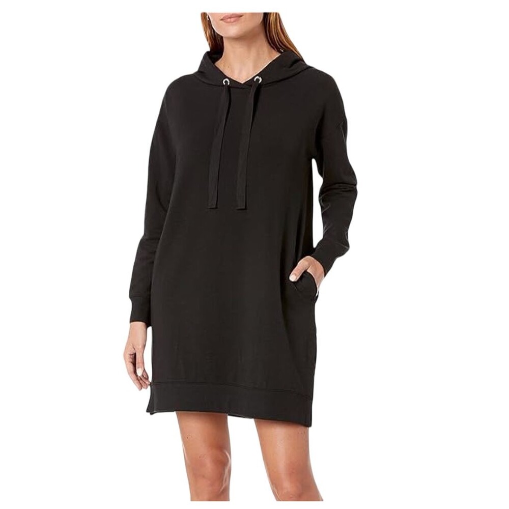 NWT, THE DROP-Women's Iona Long-Sleeve Hooded Mini Sweatshirt BlackDress, Size S